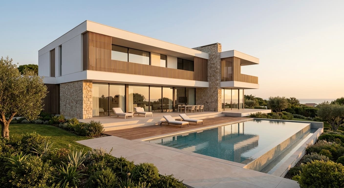 Moradia contemporânea com acabamentos em pedra, madeira e branco — exemplo do tipo de obra CONSTRULUXE